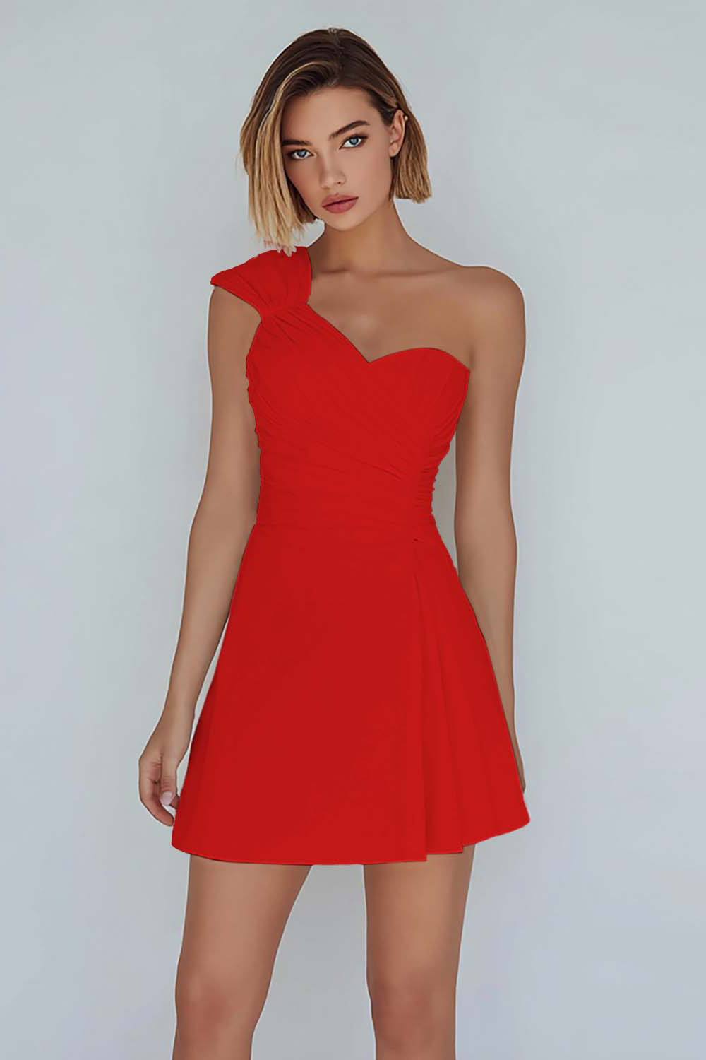 A-Line Ivory One Shoulder Ruched Short Graduation Dress 