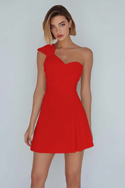 A-Line Ivory One Shoulder Ruched Short Graduation Dress 