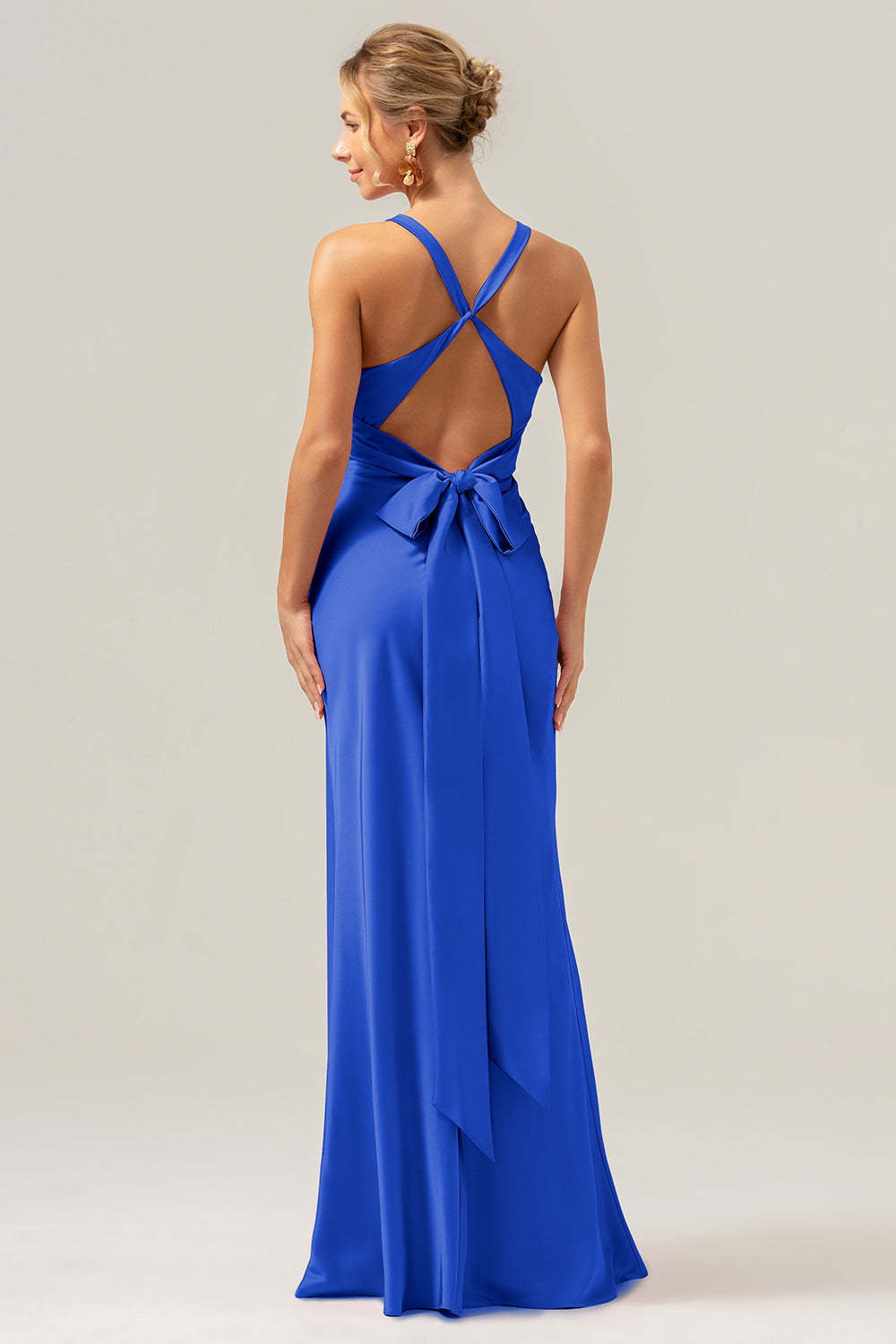 Modecrush Pink Mermaid V Neck Ruched Satin Long Bridesmaid Dress with Lace Up Back