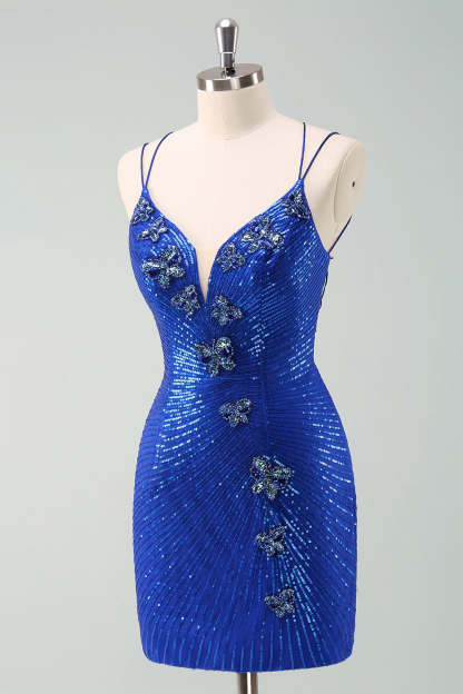 Royal Blue Bodycon Glitter Short Homecoming Dress with Sequins Butterflies