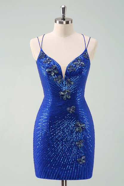 Royal Blue Bodycon Glitter Short Homecoming Dress with Sequins Butterflies