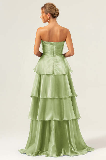 ModecrushDark Navy A Line Strapless Tiered Satin Long Bridesmaid Dress