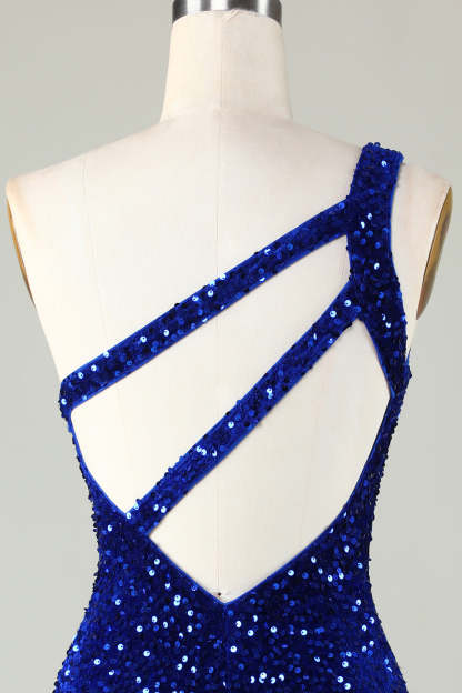  Royal Blue One Shoulder Tight Beading Short Homecoming Dress with Sequins
