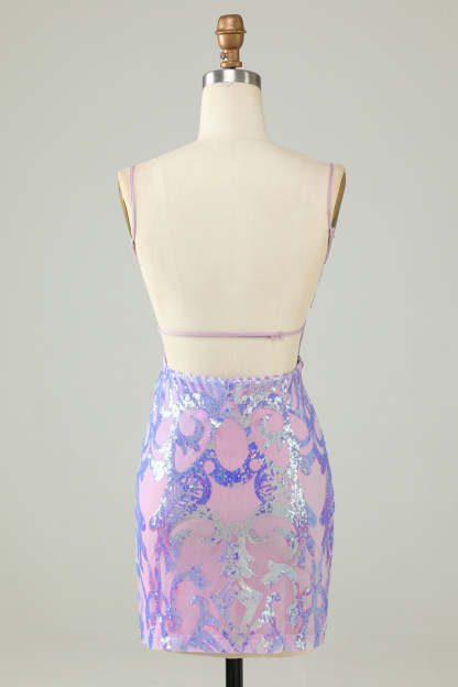 Sparkly Purple Bodycon Sequin Backless Tight Short Homecoming Dress