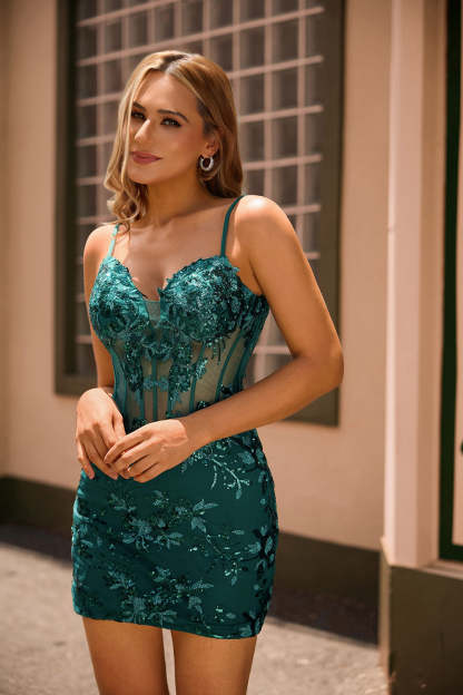 Sparkly Dark Green Bodycon Backless Corset Homecoming Dress with Sequins