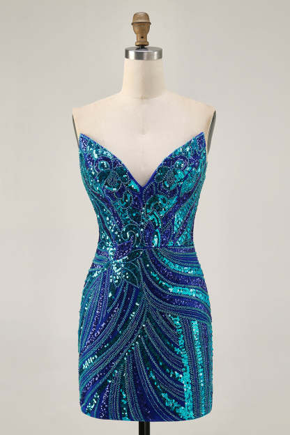 Sparkly Royal Blue Bodycon Strapless Sequins Tight Homecoming Dress