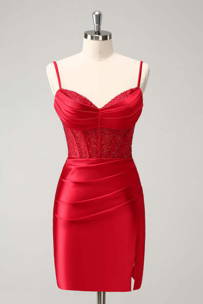 Red Bodycon Spaghetti Straps Corset Satin Homecoming Dress with Slit