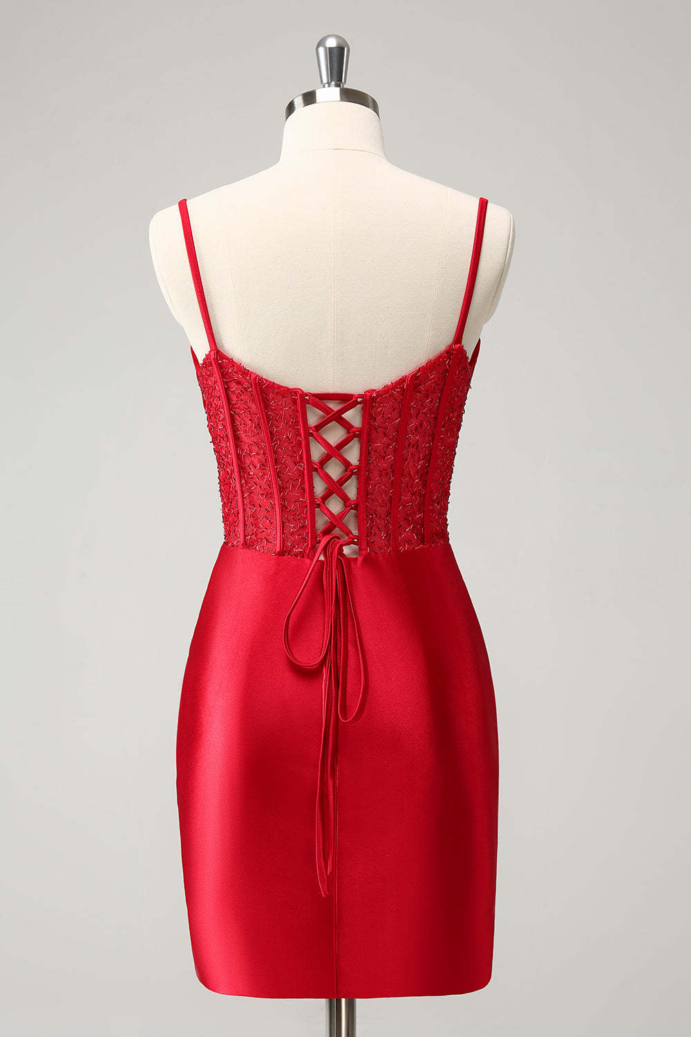 Red Bodycon Spaghetti Straps Corset Satin Homecoming Dress with Slit