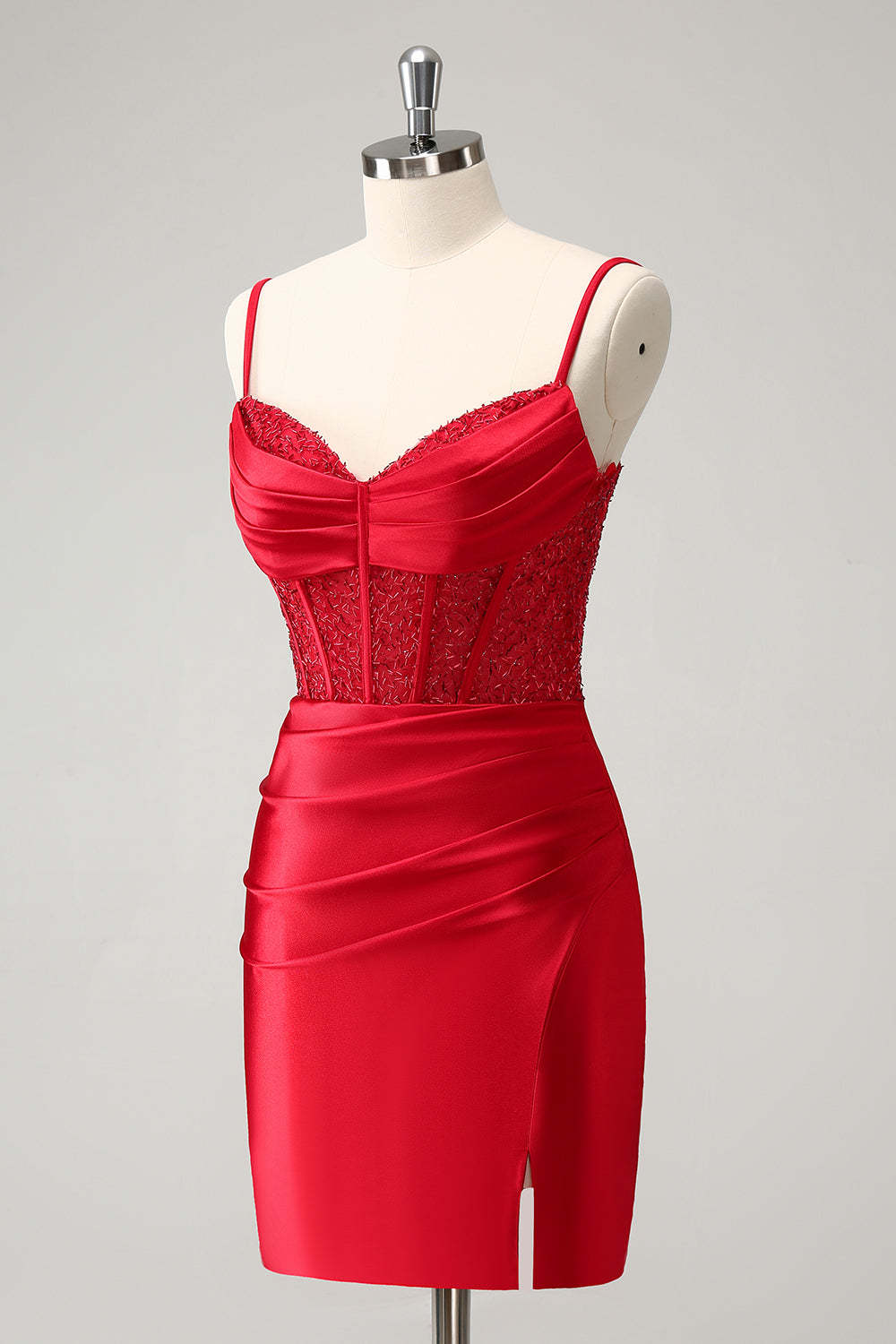 Red Bodycon Spaghetti Straps Corset Satin Homecoming Dress with Slit