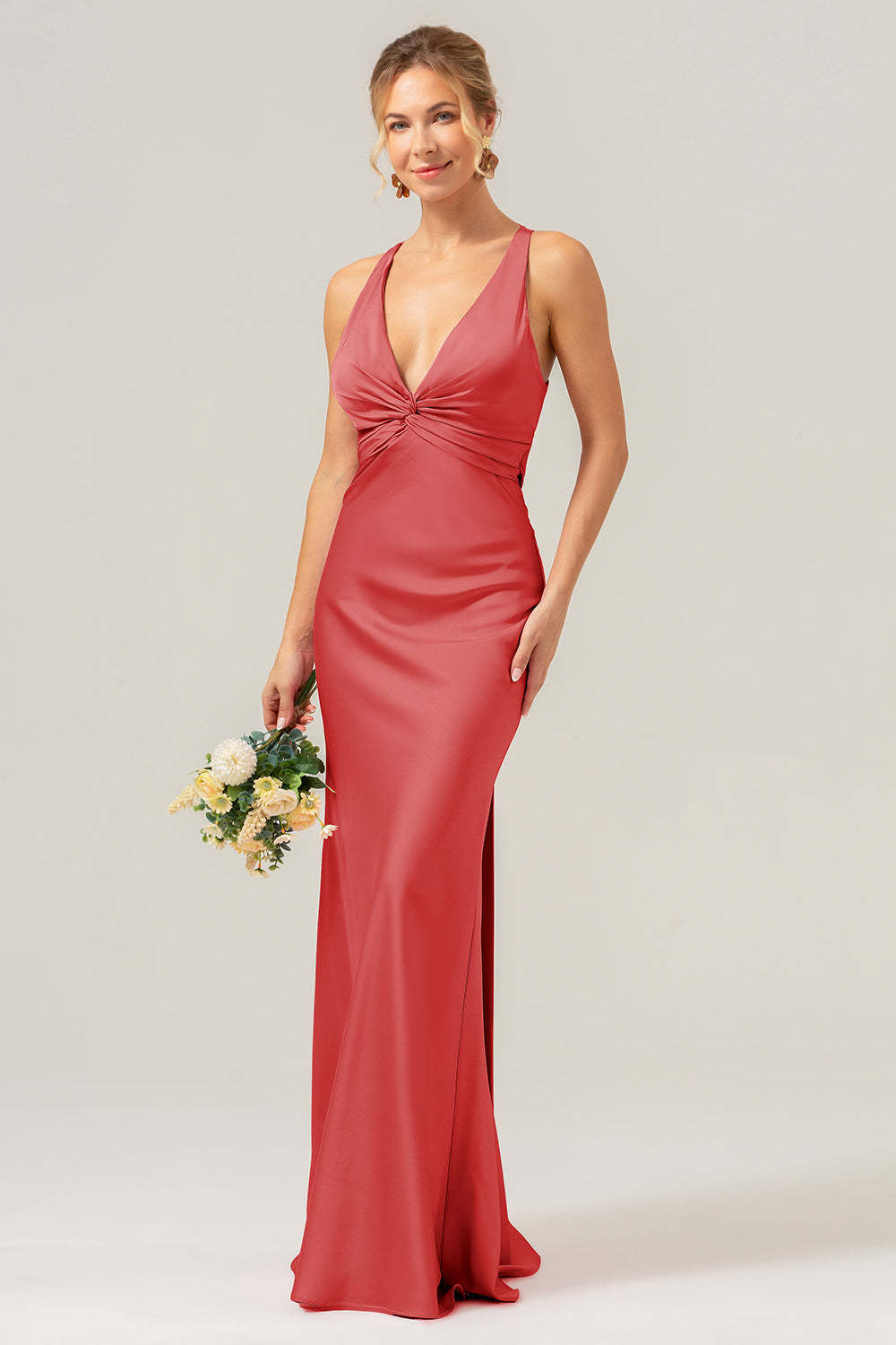Modecrush Pink Mermaid V Neck Ruched Satin Long Bridesmaid Dress with Lace Up Back