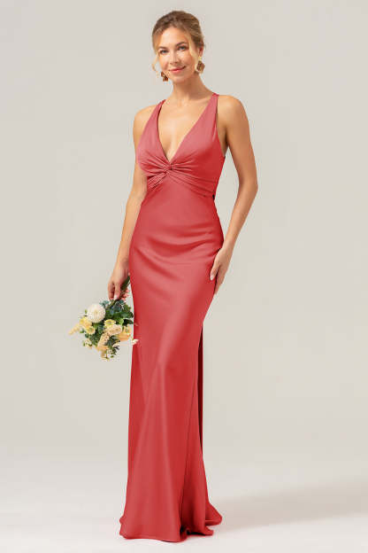 Modecrush Pink Mermaid V Neck Ruched Satin Long Bridesmaid Dress with Lace Up Back