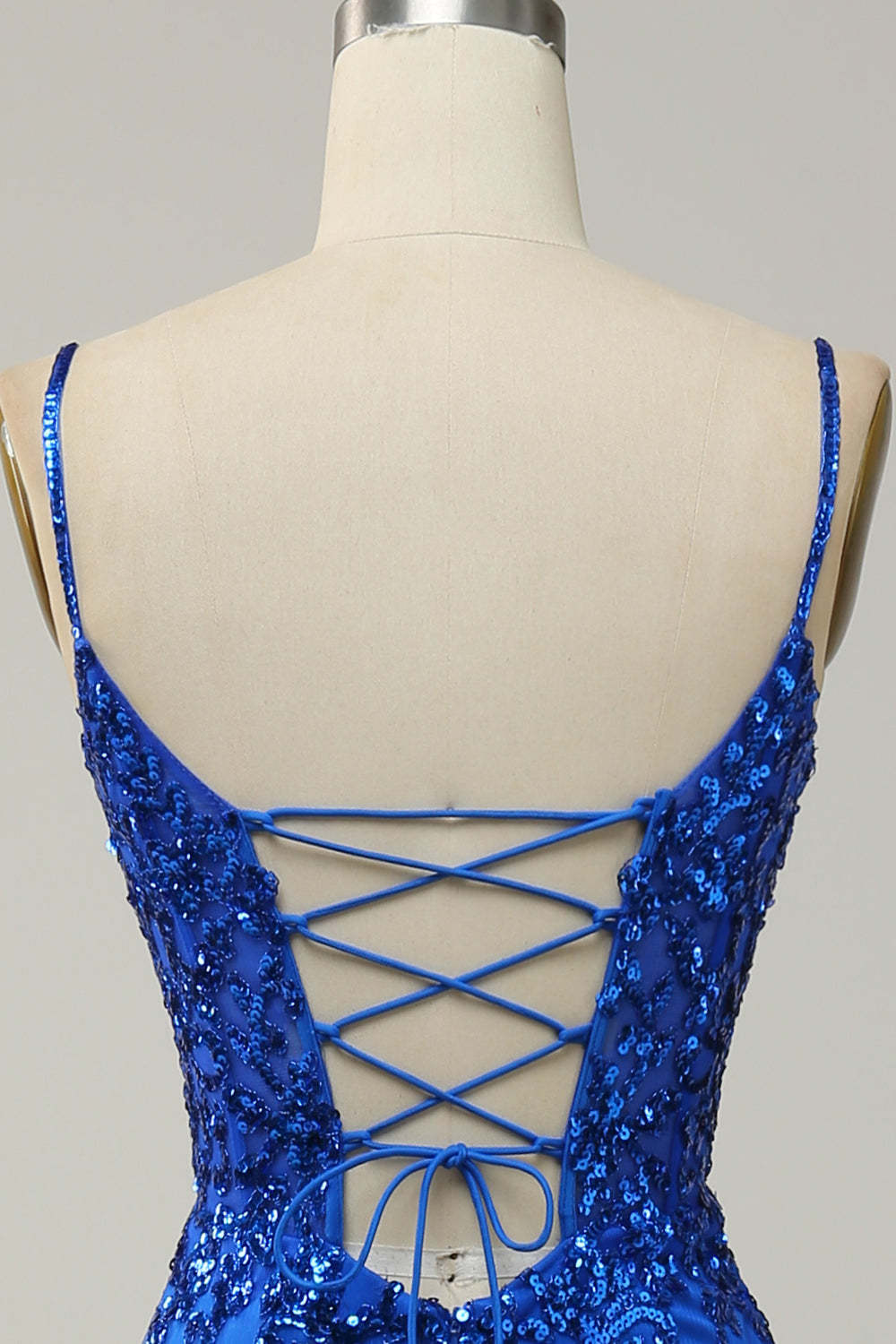 Modecrush Mermaid Spaghetti Straps Royal Blue Sequins Long Prom Dress with Split Front