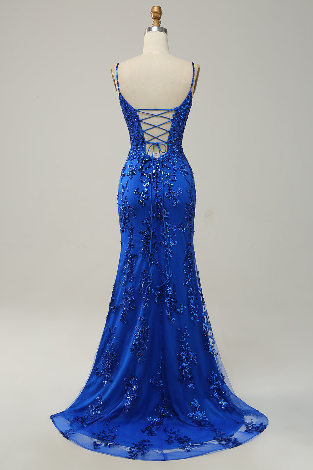 Modecrush Mermaid Spaghetti Straps Royal Blue Sequins Long Prom Dress with Split Front