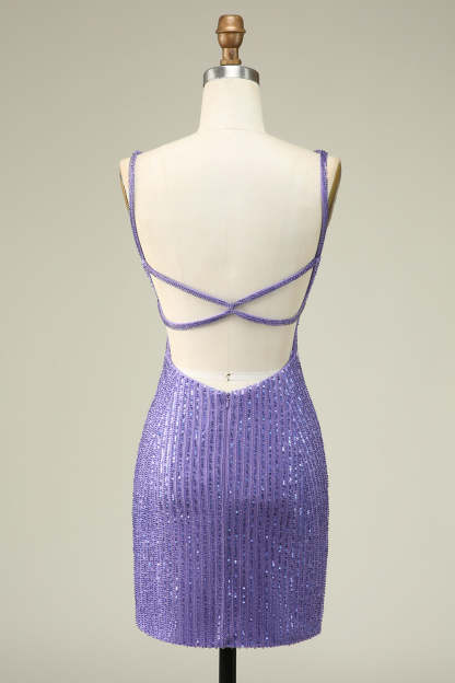 Purple Sheath Spaghetti Straps Sequins Short Homecoming Dress