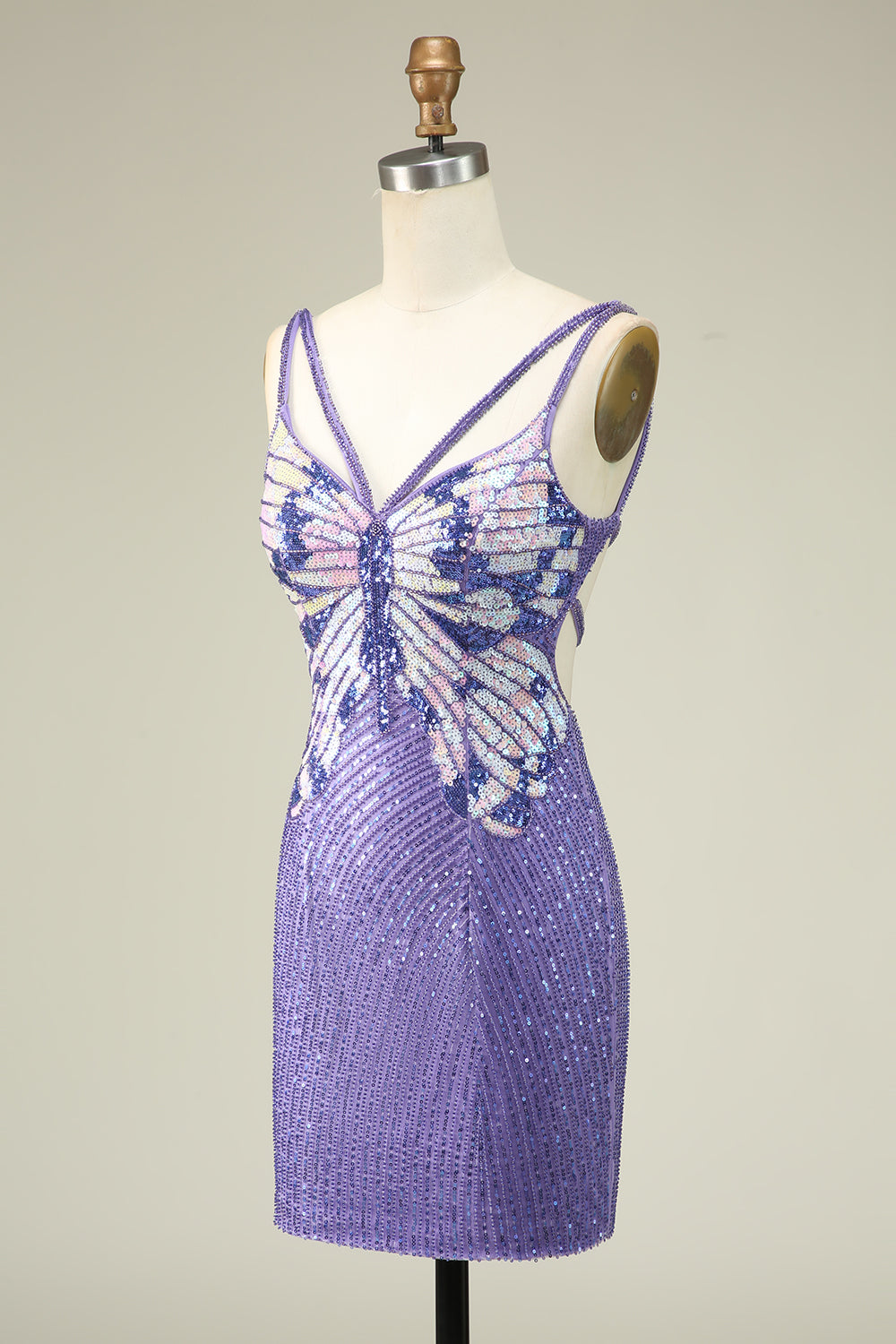Purple Sheath Spaghetti Straps Sequins Short Homecoming Dress