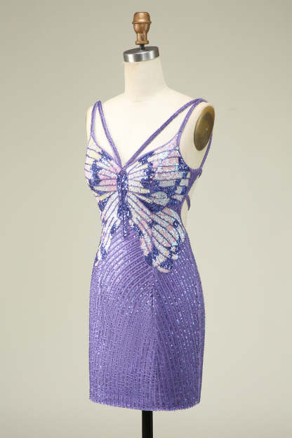 Purple Sheath Spaghetti Straps Sequins Short Homecoming Dress