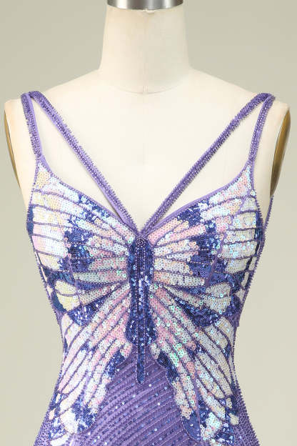 Purple Sheath Spaghetti Straps Sequins Short Homecoming Dress