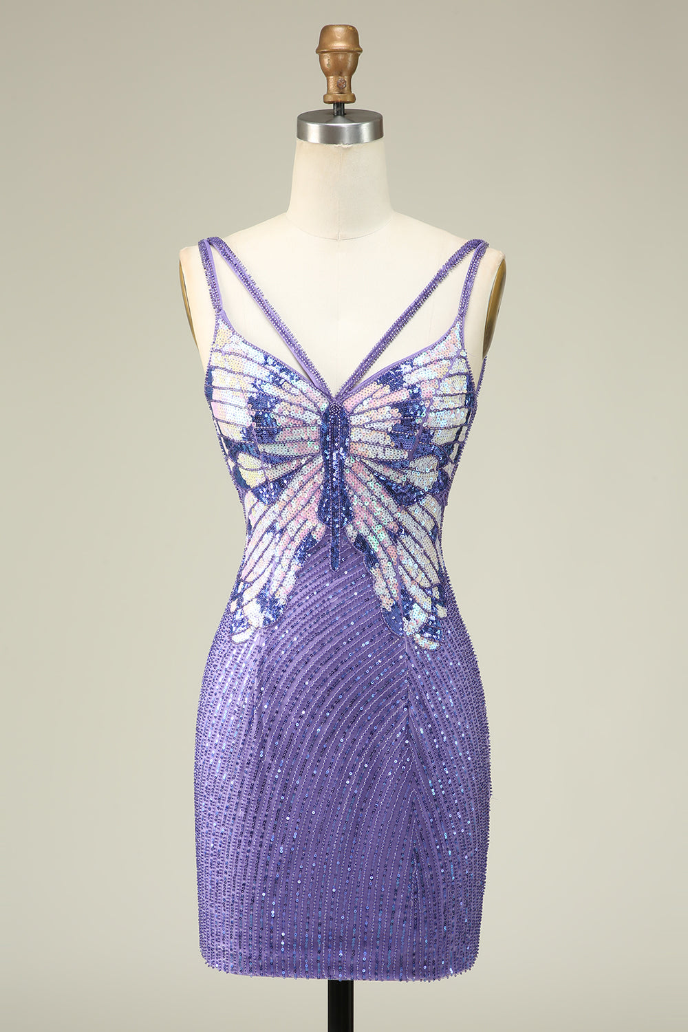 Purple Sheath Spaghetti Straps Sequins Short Homecoming Dress