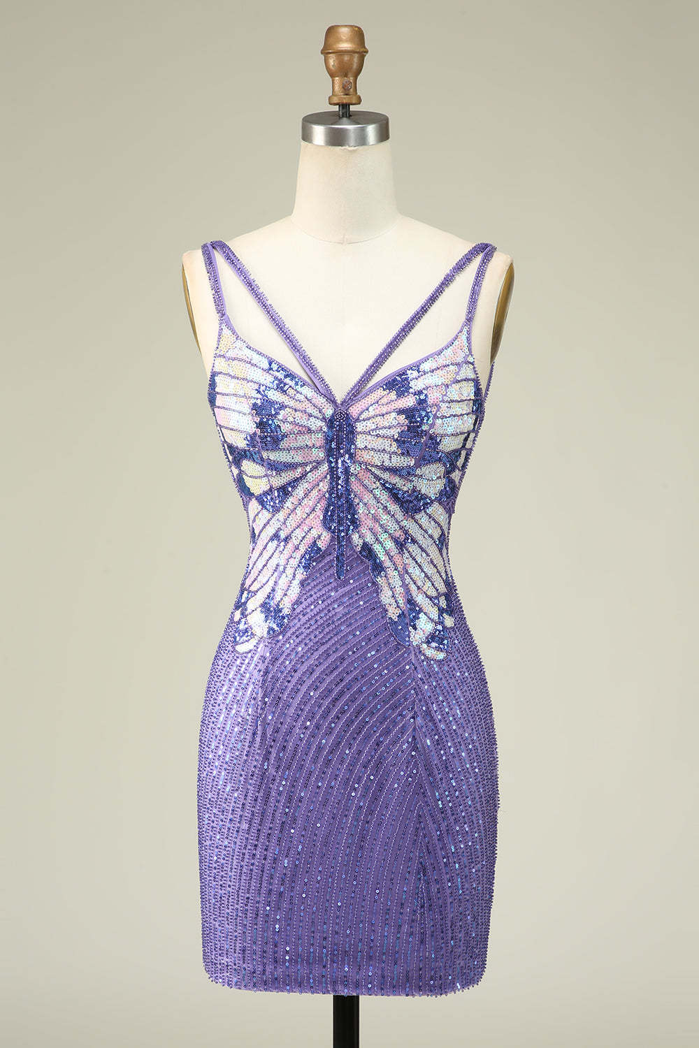 Purple Sheath Spaghetti Straps Sequins Short Homecoming Dress