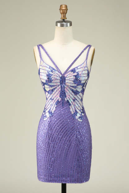 Purple Sheath Spaghetti Straps Sequins Short Homecoming Dress