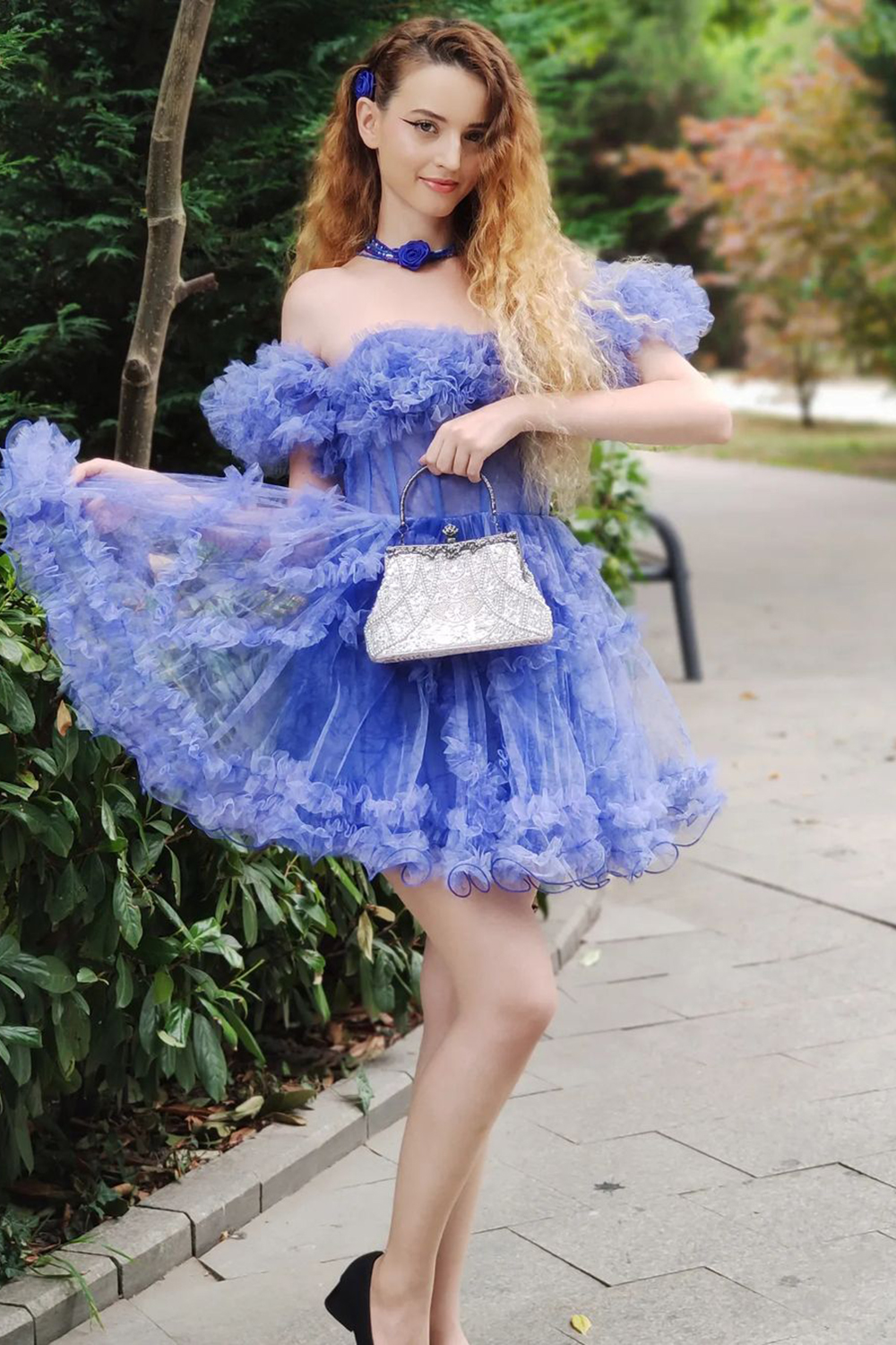 Cute Blue Printed Detachable Sleeves Ruffled Short Homecoming Dress
