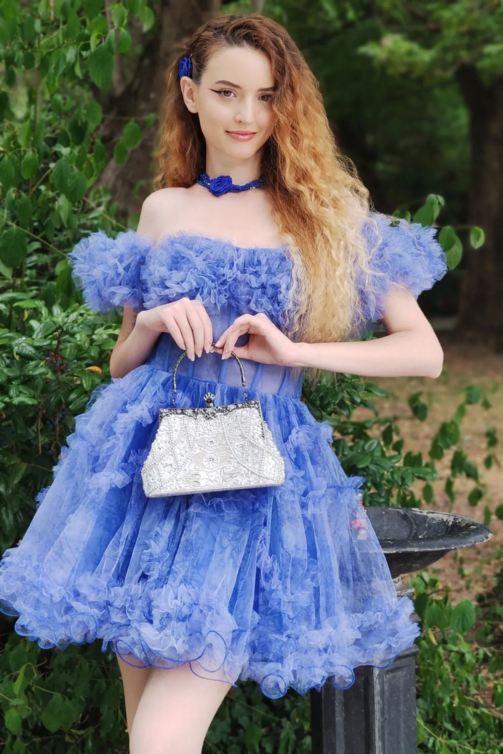Cute Blue Printed Detachable Sleeves Ruffled Short Homecoming Dress