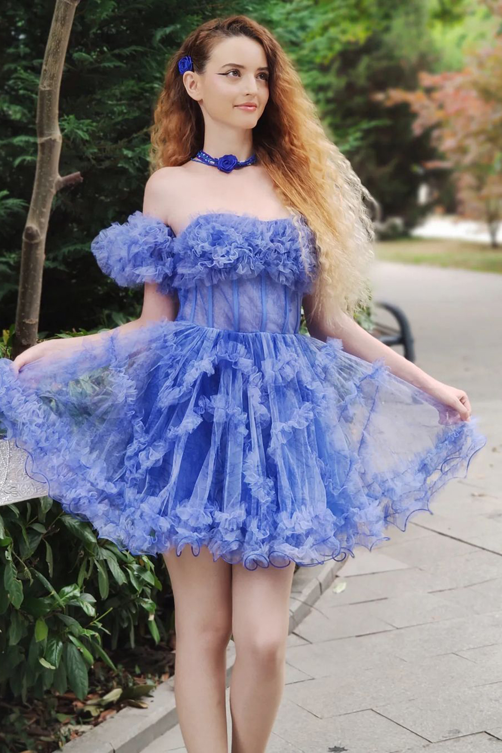 Cute Blue Printed Detachable Sleeves Ruffled Short Homecoming Dress