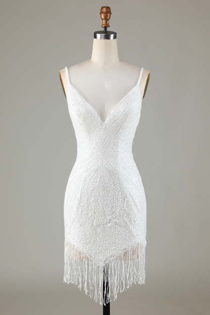 Sparkly White Bodycon Short Homecoming Dress with Beading