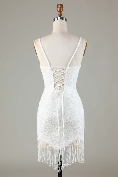 Sparkly White Bodycon Short Homecoming Dress with Beading