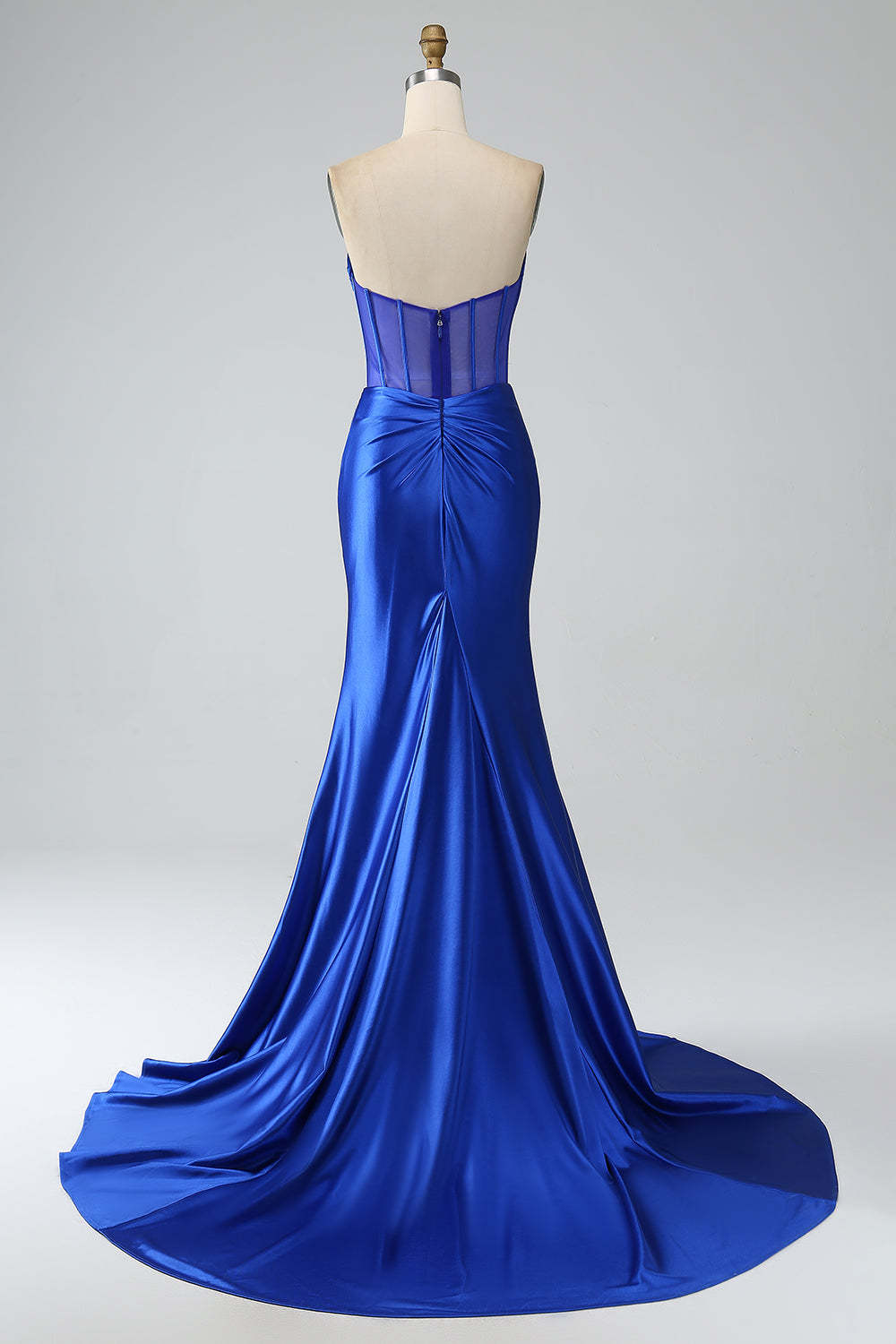 Modecrush Royal Blue Mermaid Strapless Pleated Corset Long Prom Dress with Slit