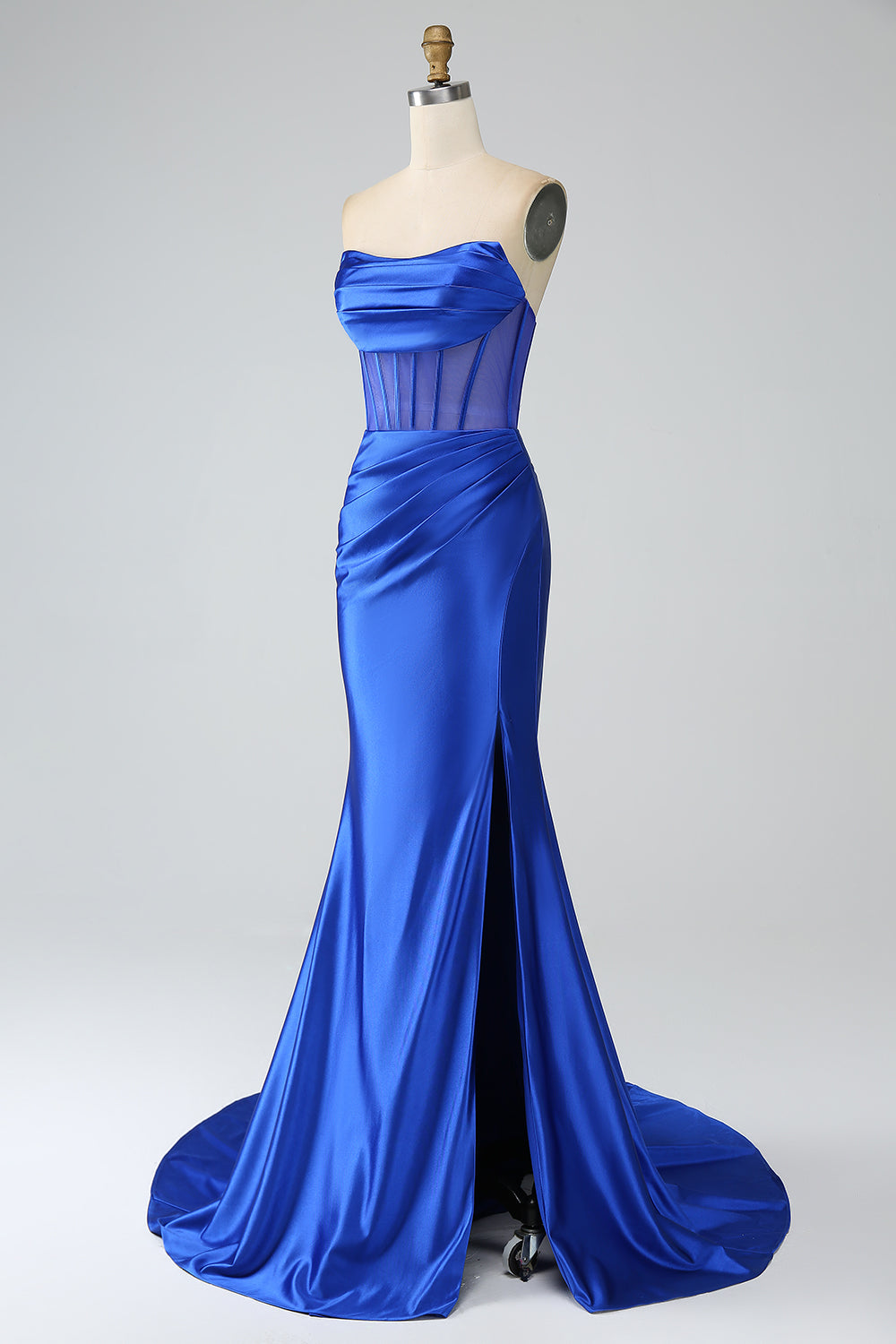 Modecrush Royal Blue Mermaid Strapless Pleated Corset Long Prom Dress with Slit