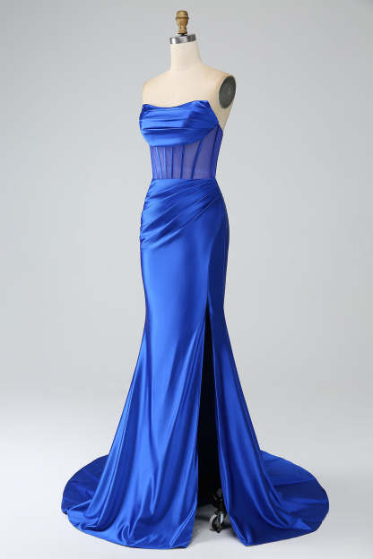 Modecrush Royal Blue Mermaid Strapless Pleated Corset Long Prom Dress with Slit