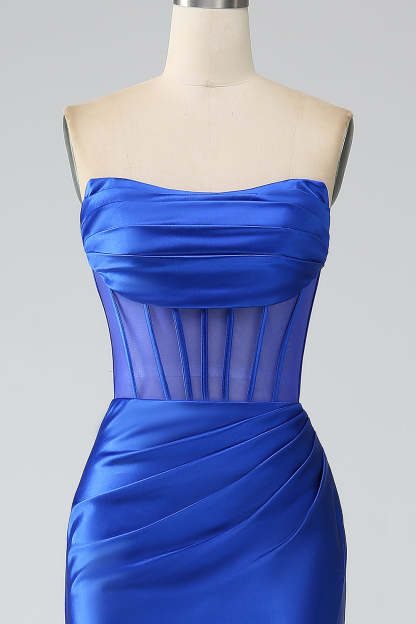 Modecrush Royal Blue Mermaid Strapless Pleated Corset Long Prom Dress with Slit