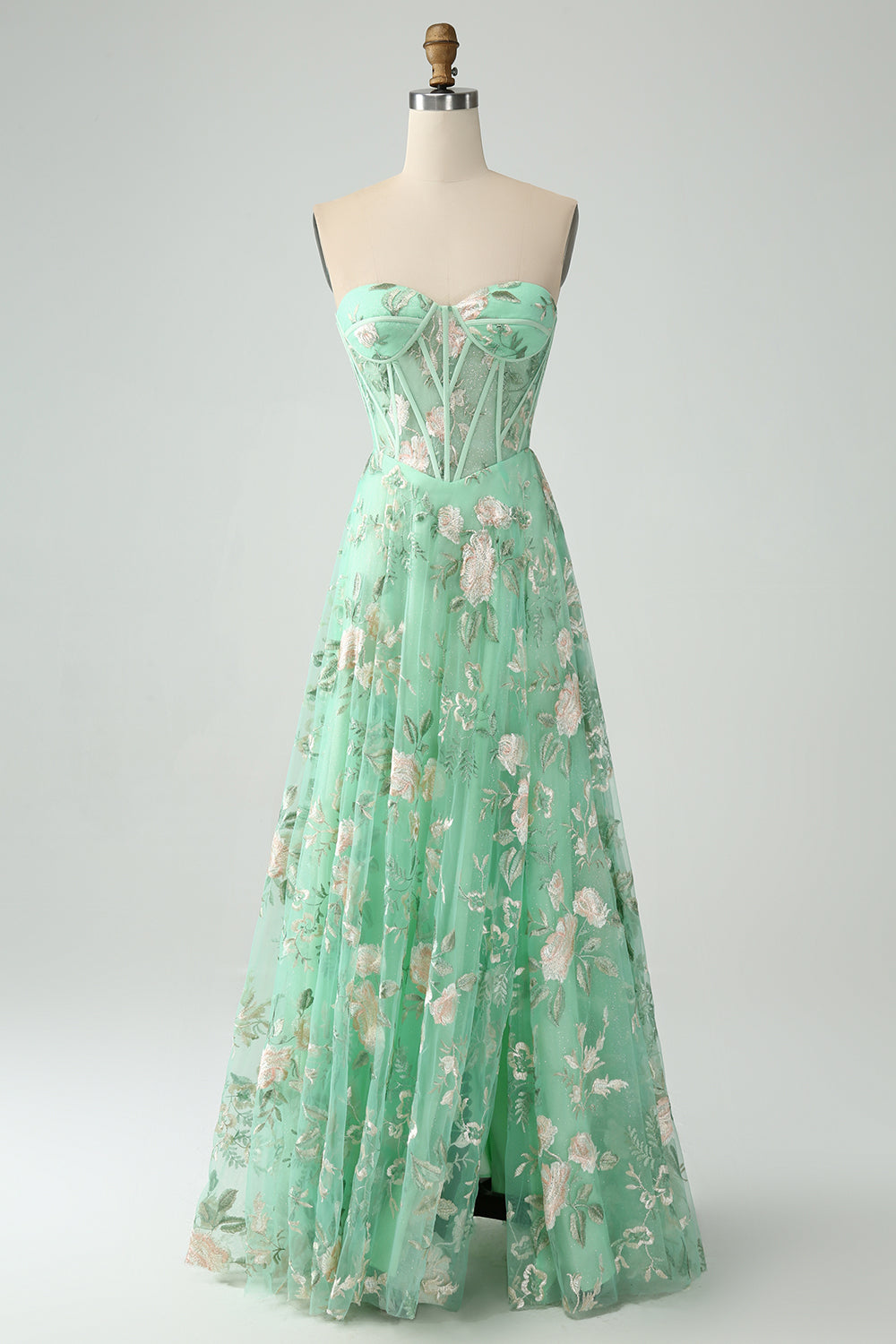 Modecrush Light Green A-Line Strapless Corset Prom Dress with Embroider