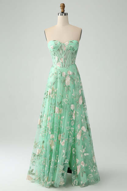 Modecrush Light Green A-Line Strapless Corset Prom Dress with Embroider