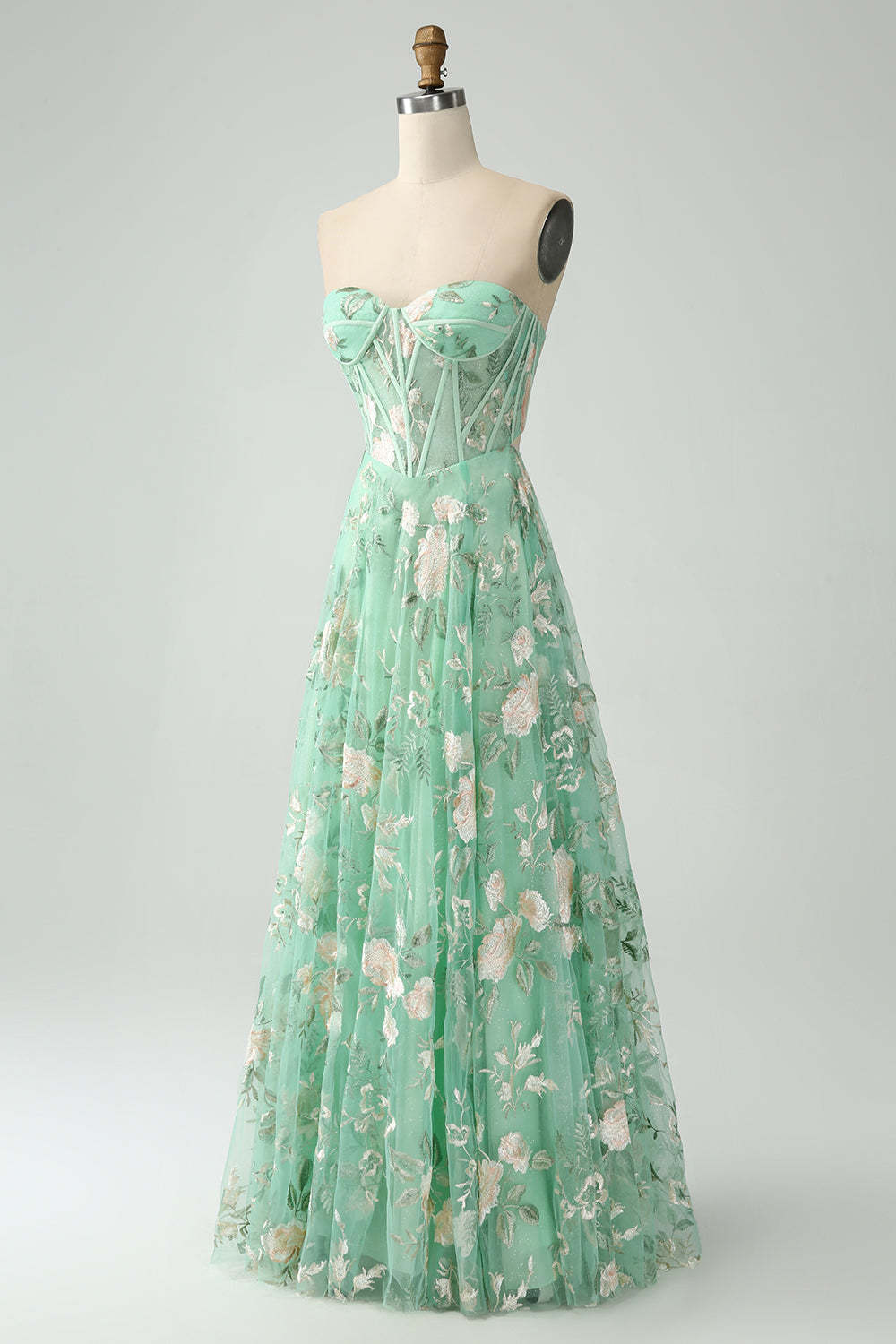 Modecrush Light Green A-Line Strapless Corset Prom Dress with Embroider