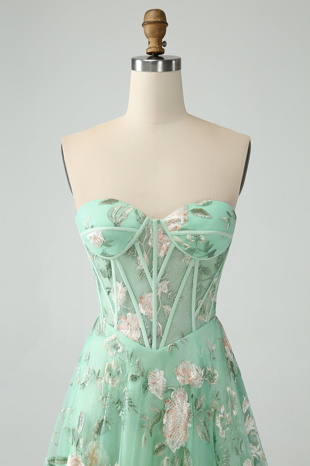 Modecrush Light Green A-Line Strapless Corset Prom Dress with Embroider