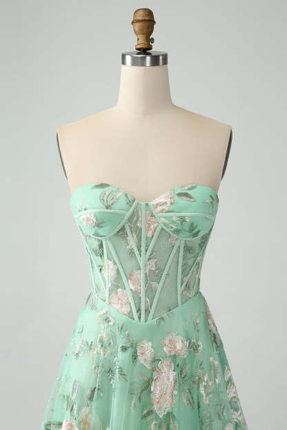 Modecrush Light Green A-Line Strapless Corset Prom Dress with Embroider
