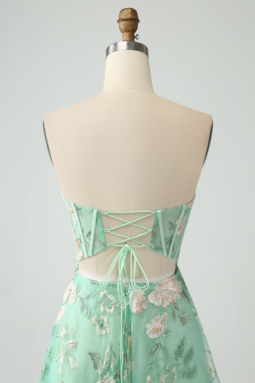 Modecrush Light Green A-Line Strapless Corset Prom Dress with Embroider