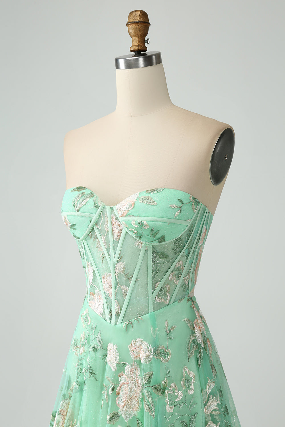 Modecrush Light Green A-Line Strapless Corset Prom Dress with Embroider