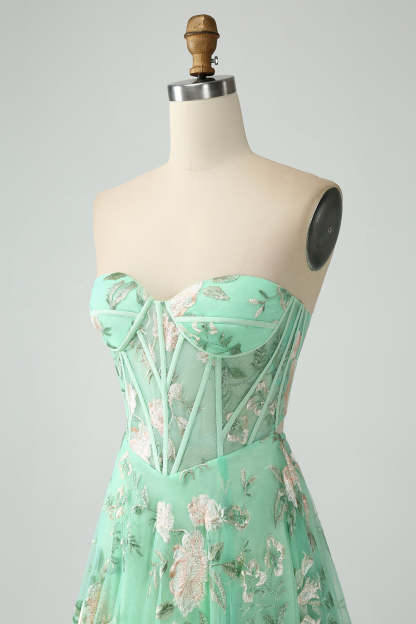 Modecrush Light Green A-Line Strapless Corset Prom Dress with Embroider