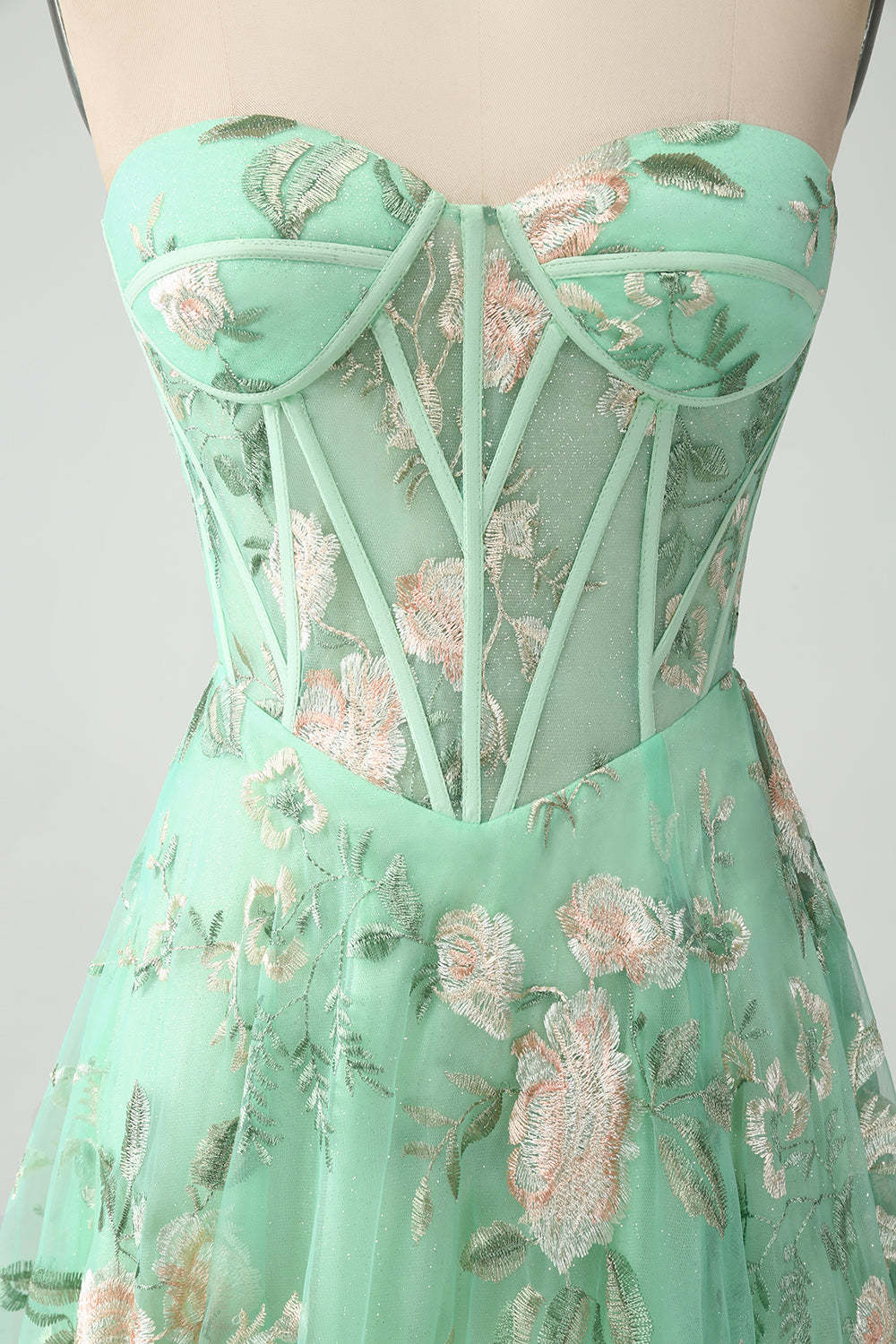 Modecrush Light Green A-Line Strapless Corset Prom Dress with Embroider