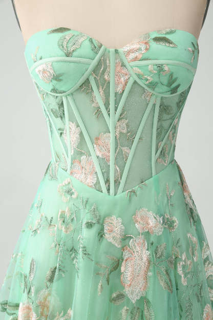 Modecrush Light Green A-Line Strapless Corset Prom Dress with Embroider