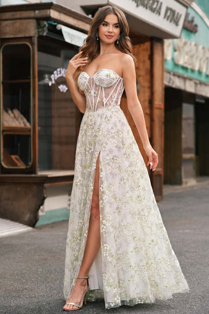Modecrush Light Green A-Line Strapless Corset Prom Dress with Embroider