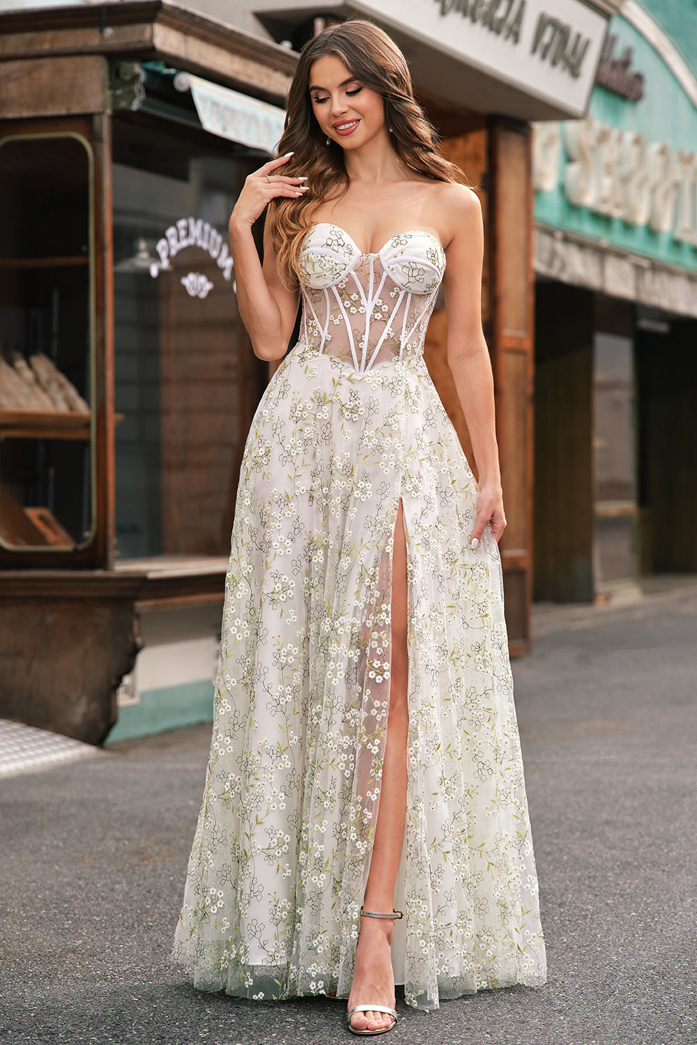 Modecrush Light Green A-Line Strapless Corset Prom Dress with Embroider
