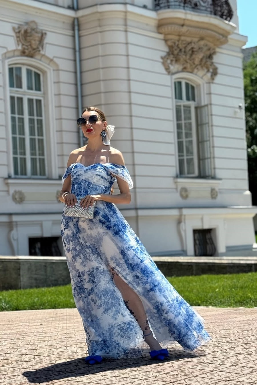 Modecrush White Blue Flower Off the Shoulder A-Line Bridesmaid Dress with Slit