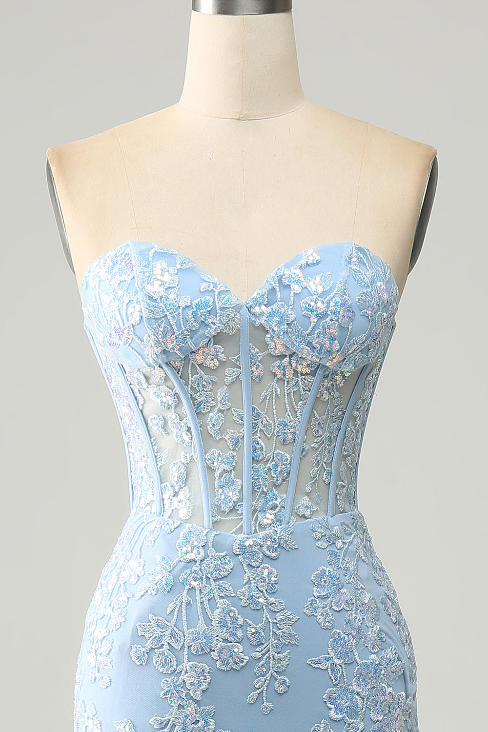 Modecrush Light Blue Mermaid Sweetheart Corset Appliques Prom Dress With Side Slit