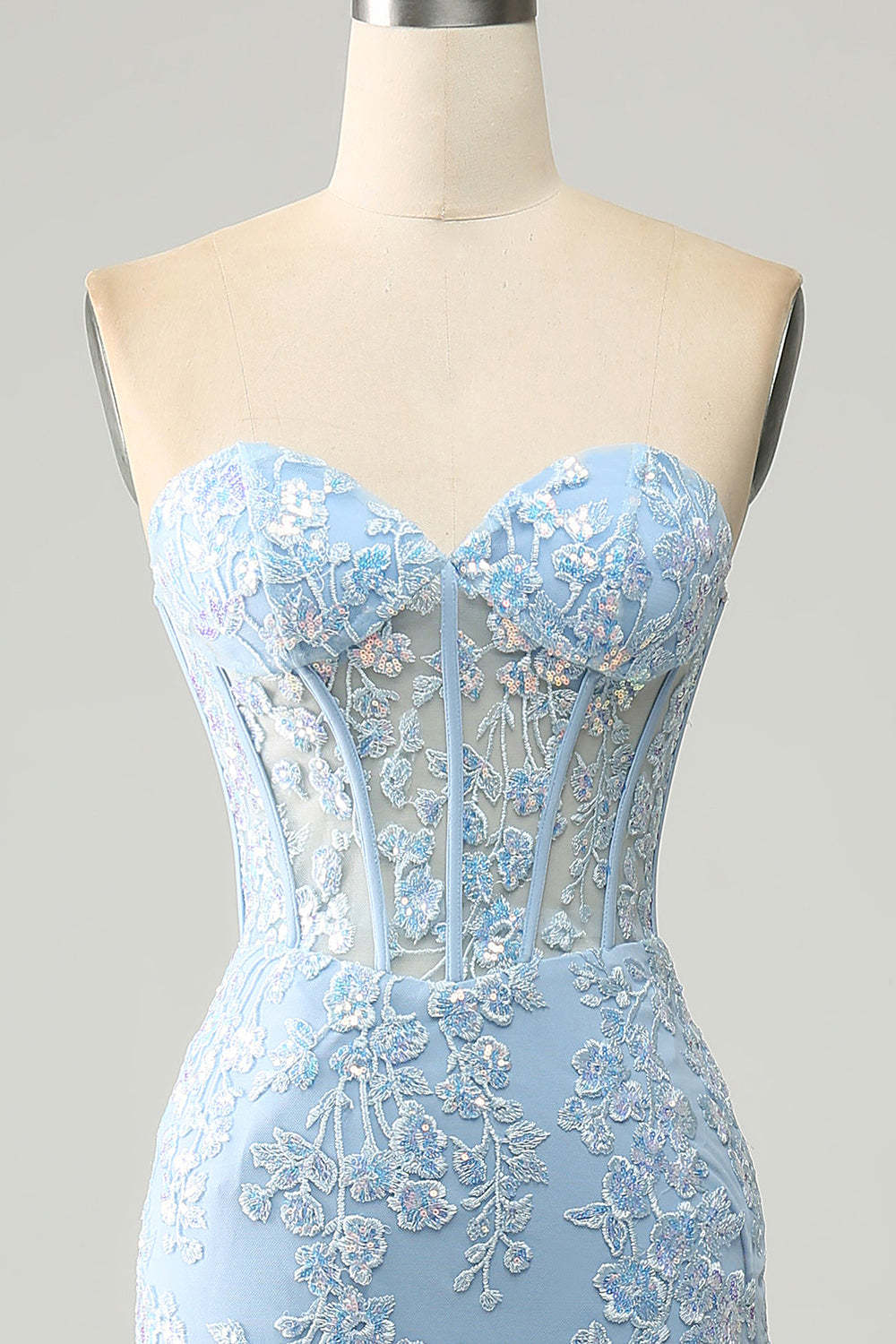 Modecrush Light Blue Mermaid Sweetheart Corset Appliques Prom Dress With Side Slit