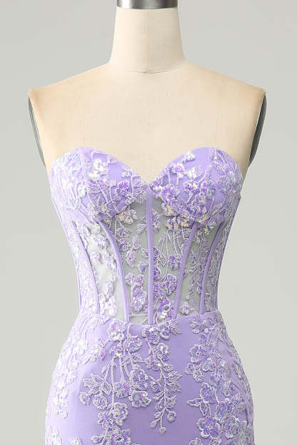 Modecrush Light Blue Mermaid Sweetheart Corset Appliques Prom Dress With Side Slit