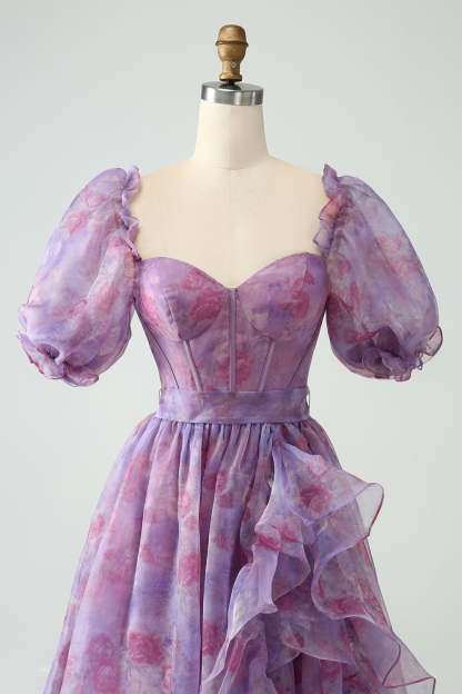 Modecrush Purple A Line Square Neck Corset Prom Dress With Slit